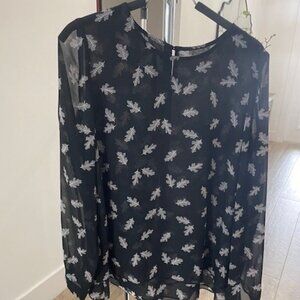 Anne Klein Blouse Black Gray Leaf Print Size S